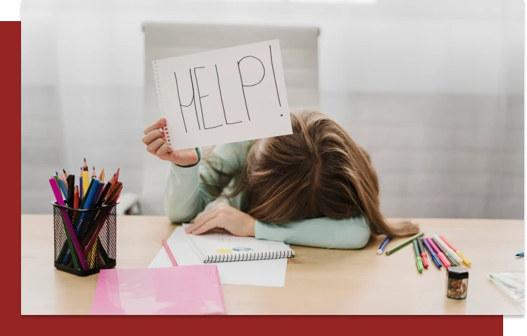 ADHD Burnout and Therapy Support Child overwhelmed with schoolwork holding 'HELP!' sign at desk surrounded by colorful stationery and notebooks.