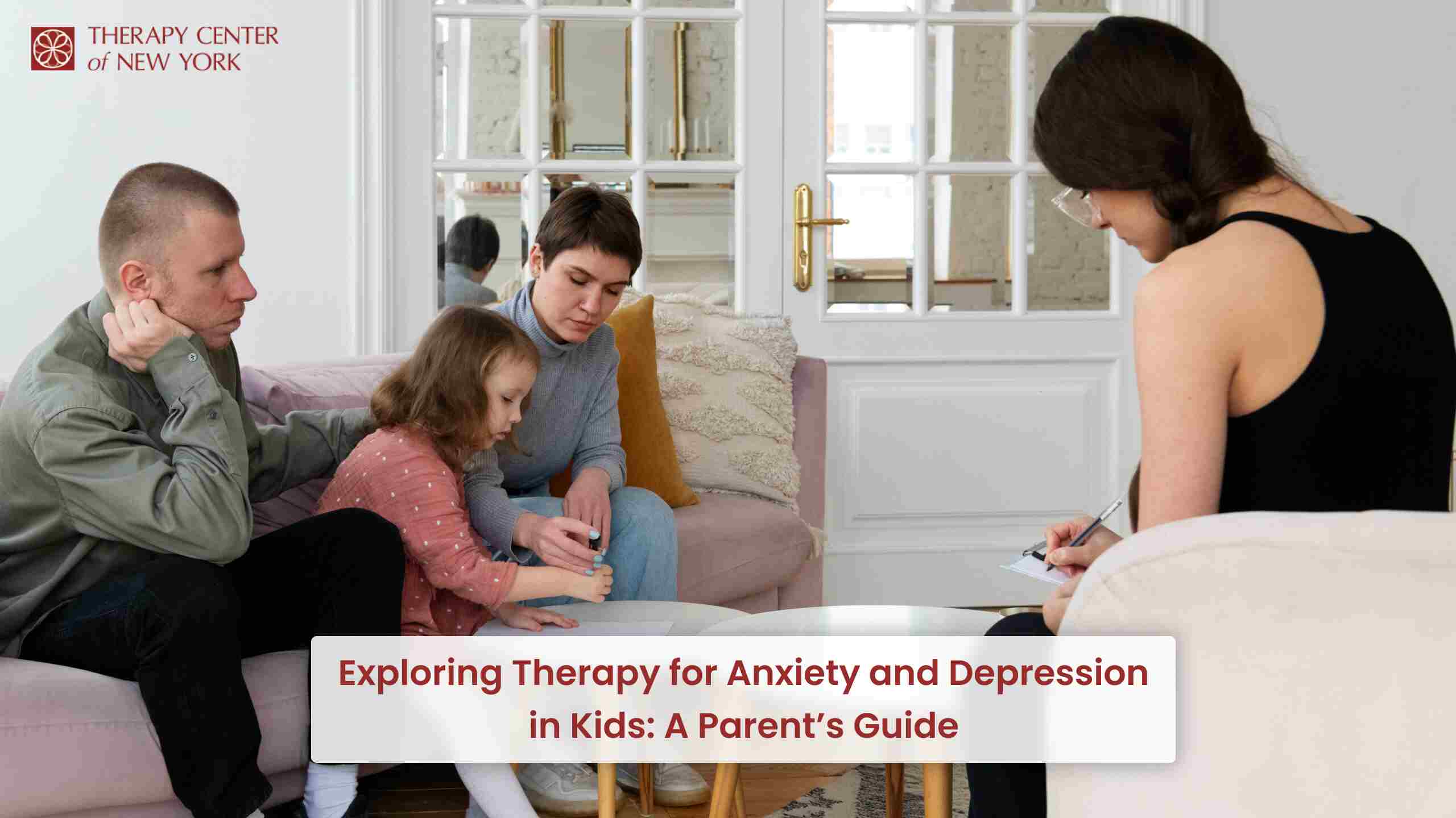 A compassionate therapist helping a child cope with anxiety and depression.