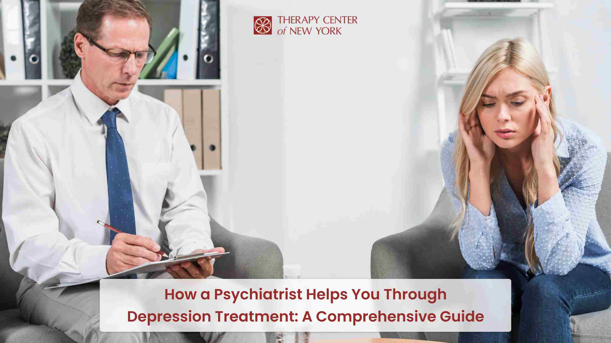 Psychiatrist providing support to a patient, guiding them through depression treatment.