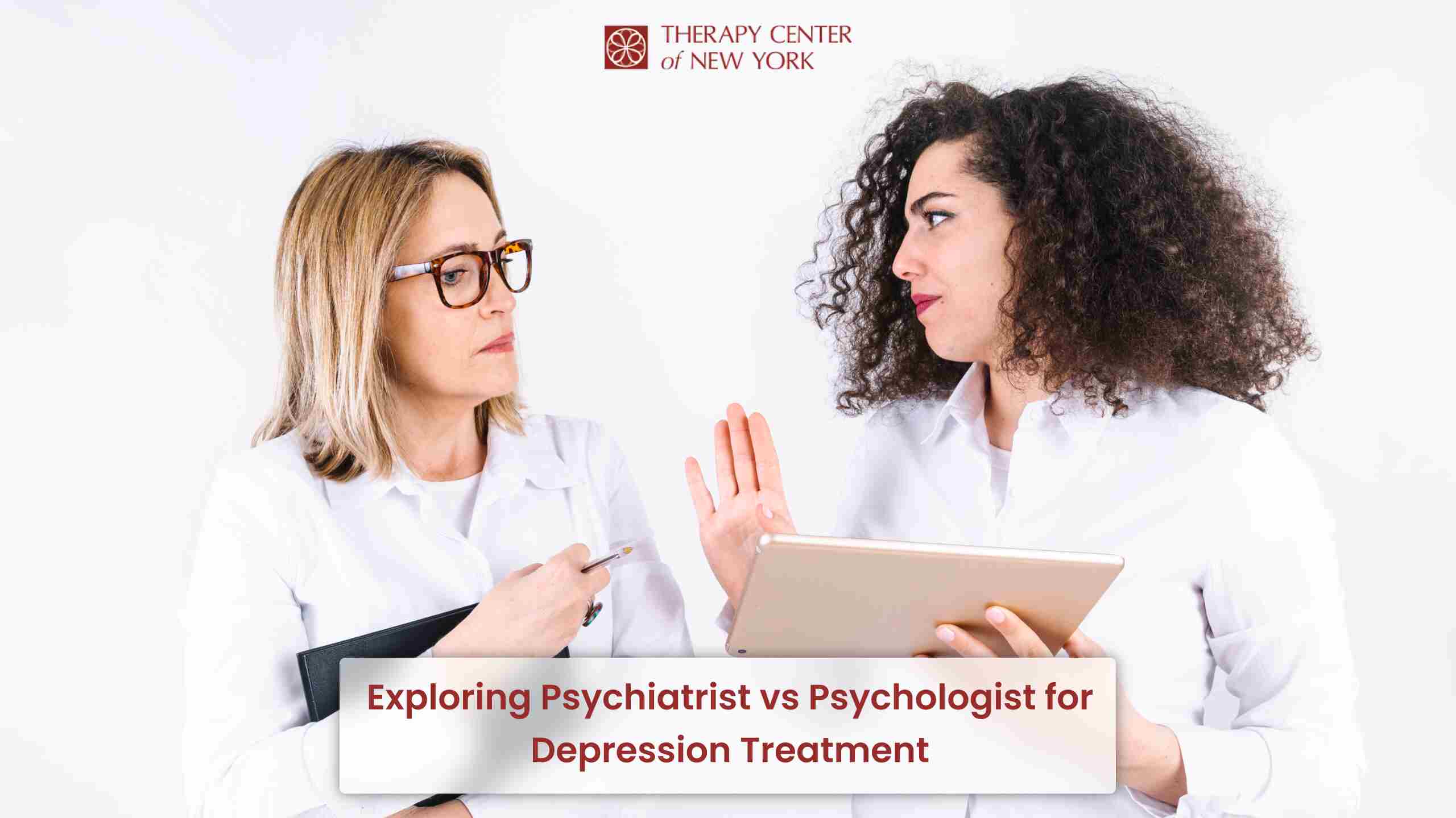 Mental health professional speaking with a patient about depression treatment options, exploring psychiatrist vs. psychologist roles.