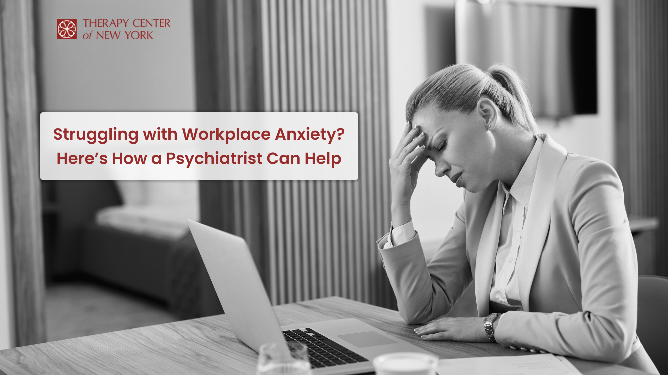 A professional psychiatrist in an office setting, providing therapy to a stressed individual struggling with workplace anxiety. Therapy Center of New York offers expert mental health support.