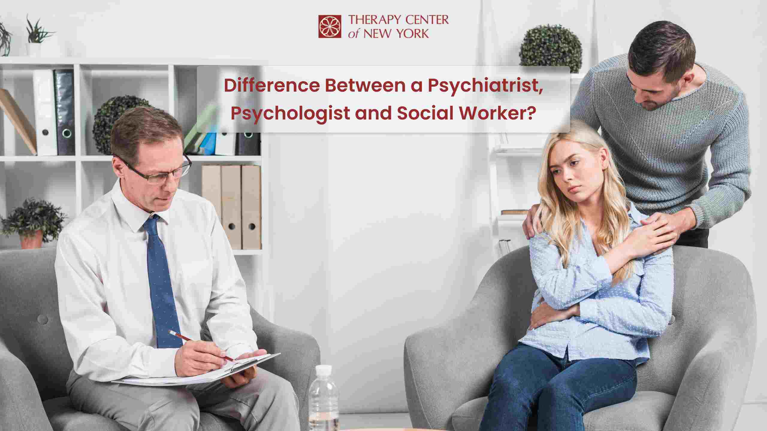 Illustration of a psychiatrist, psychologist, and social worker with text: "Psychiatrist vs. Psychologist vs. Social Worker: Key Differences.